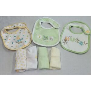 Carters Baby Bibs and Wash Cloths Set Kids OS Green Yellow Good 7pc Lot